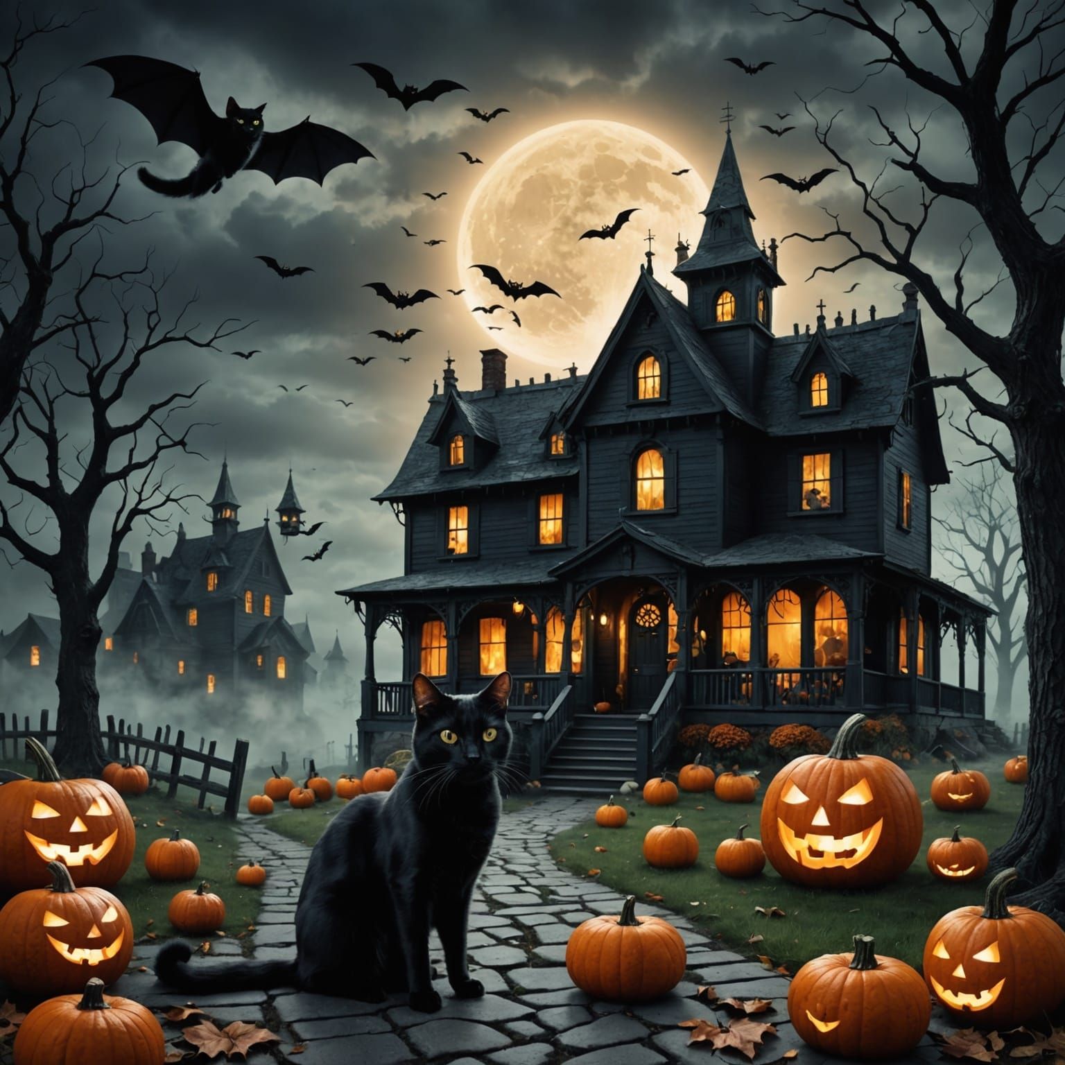 Matte Painting Of A Halloween Scene With A Black Cat