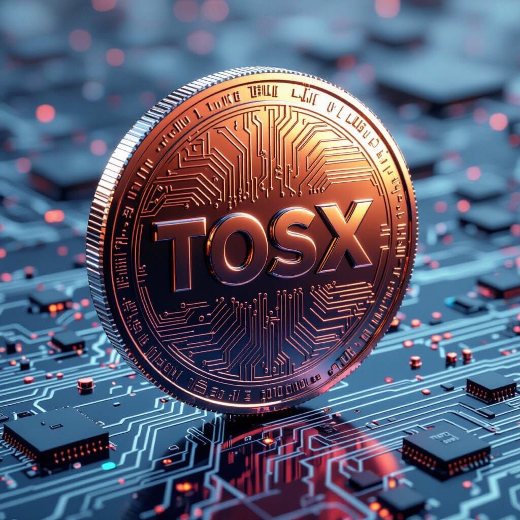 Glossy Crypto Coin TOSX on Circuit Board