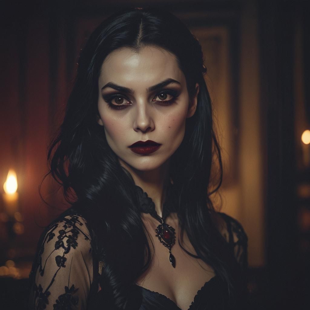 Enchanting Vampire Girl Portrait in Film Noir Style