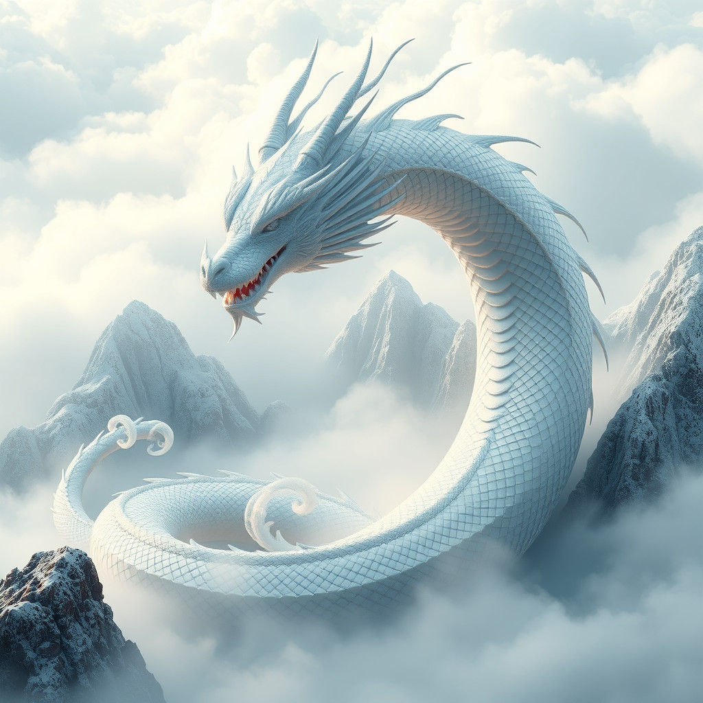 Majestic White Dragon Soaring Over Misty Mountains