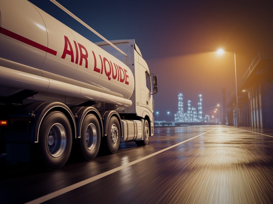Air Liquide Tanker Truck in Industrial Port at Night