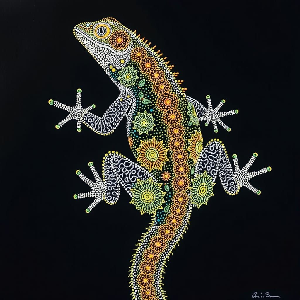 Intricate Lizard in Pointillist Painting Style