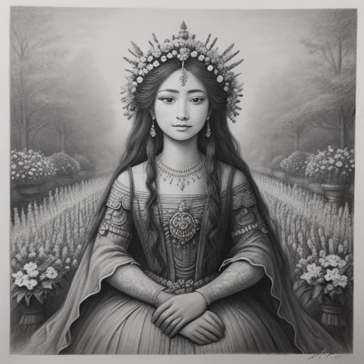 Goddess in Floral Garden: Hyperdetailed Charcoal Drawing