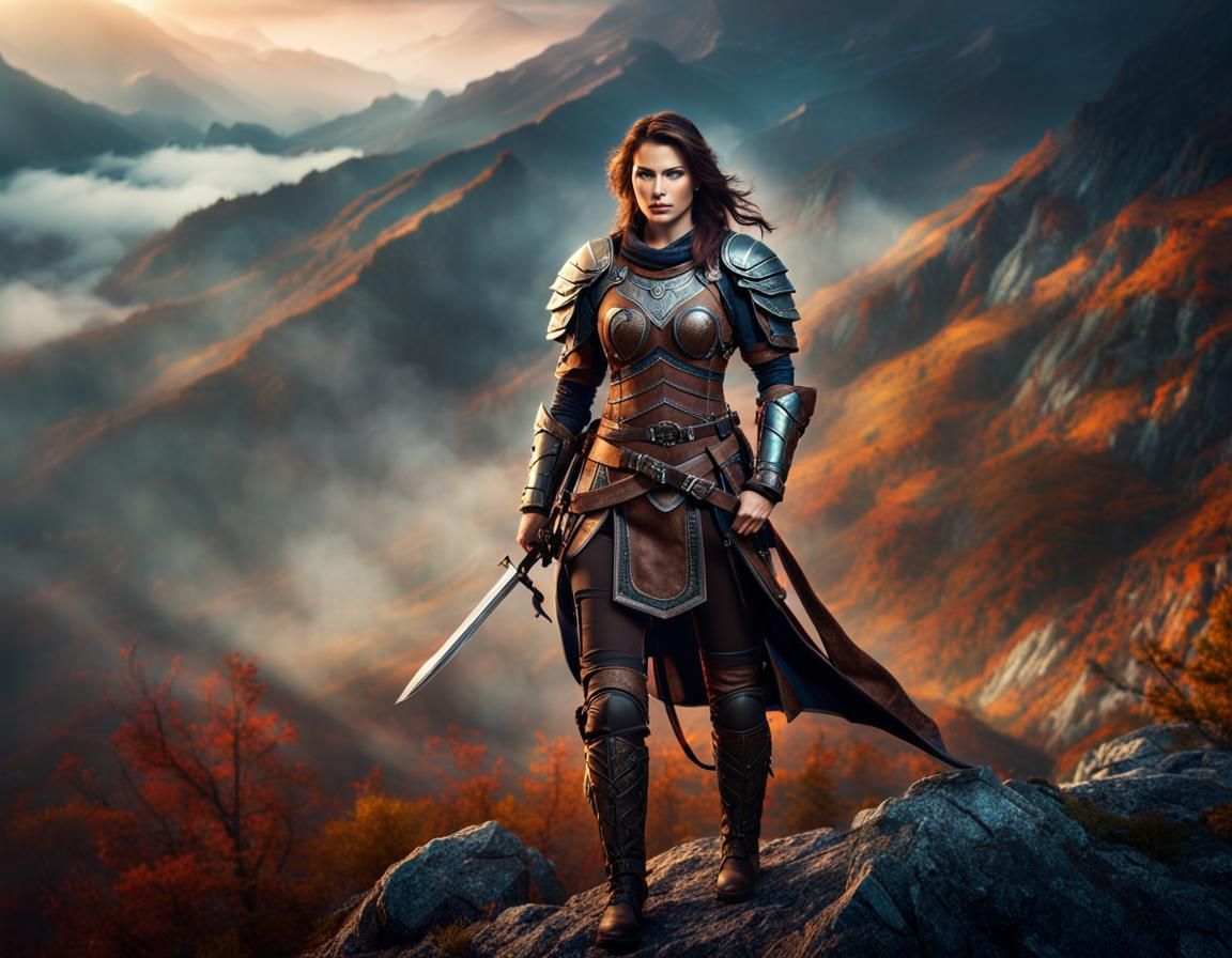 Epic Fantasy Female Warrior in Misty Mountains