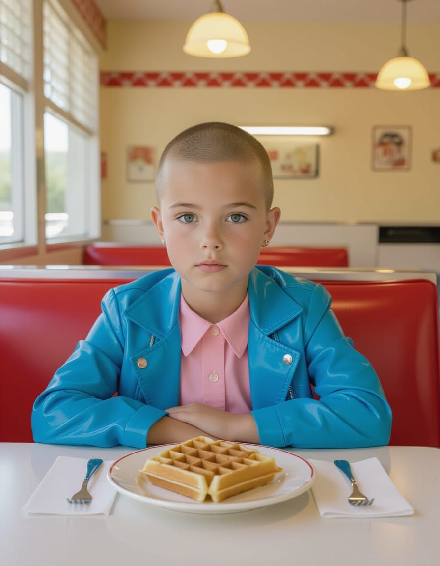 Nostalgic 1980s Diner Scene with Girl and Waffle