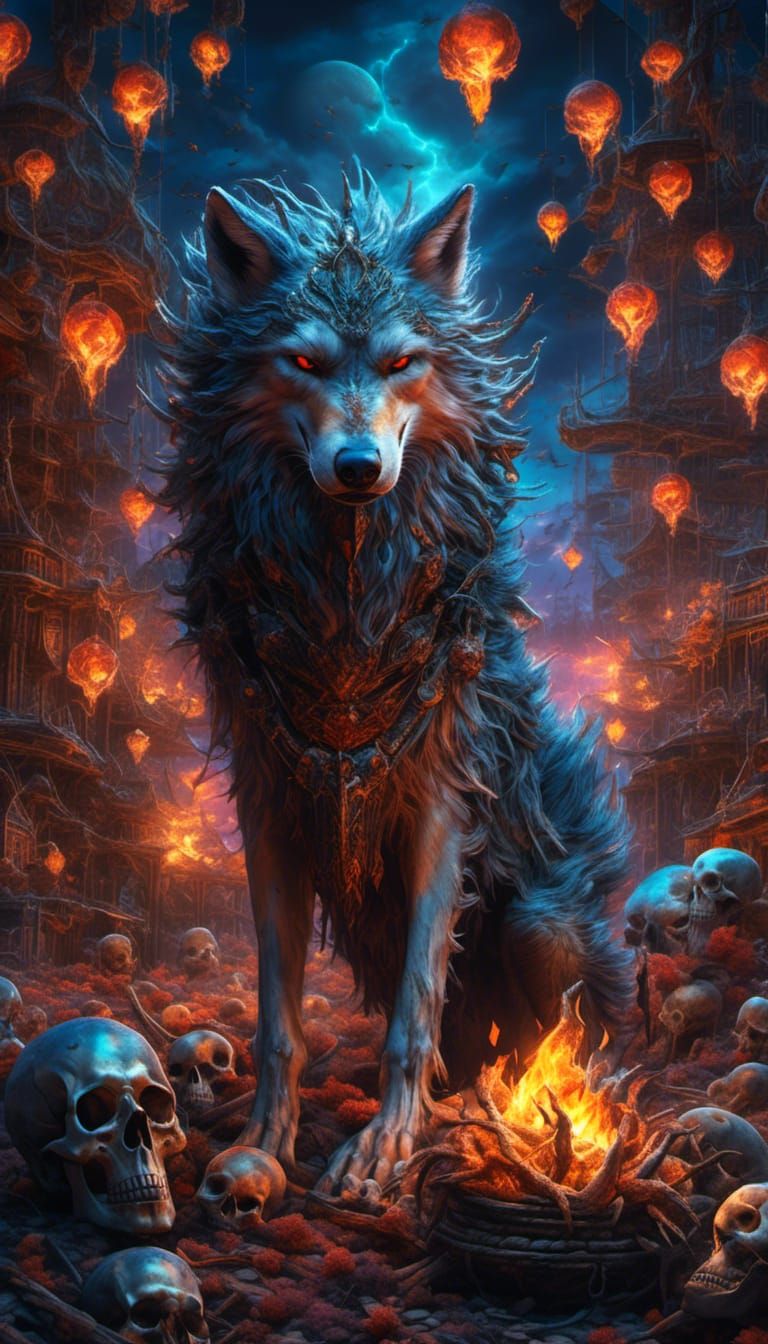 Hyperrealistic Wolf in Fantasycore Setting with Fire and Lig...