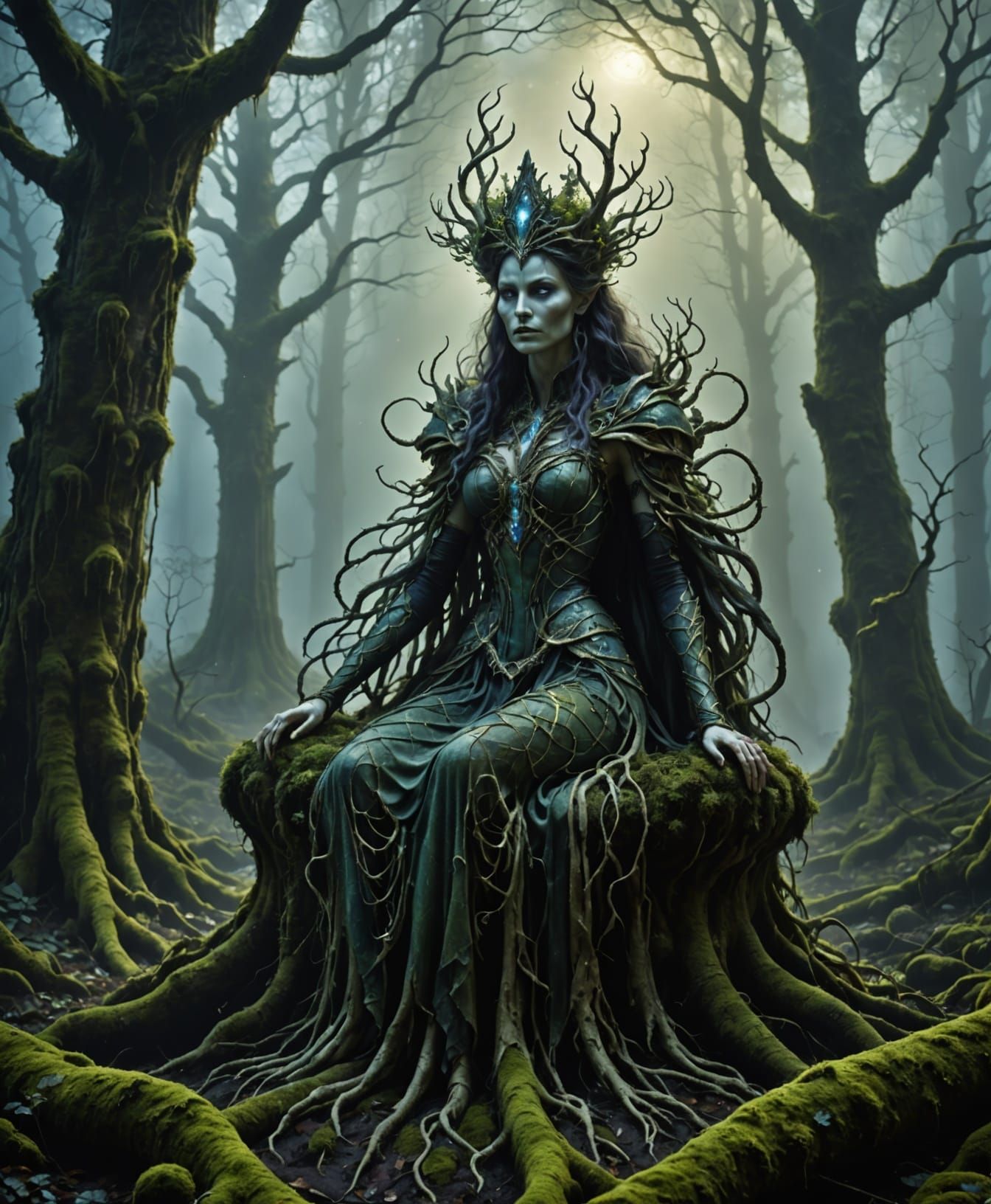 Ethereal Forest Queen on Root Throne in Moonlight