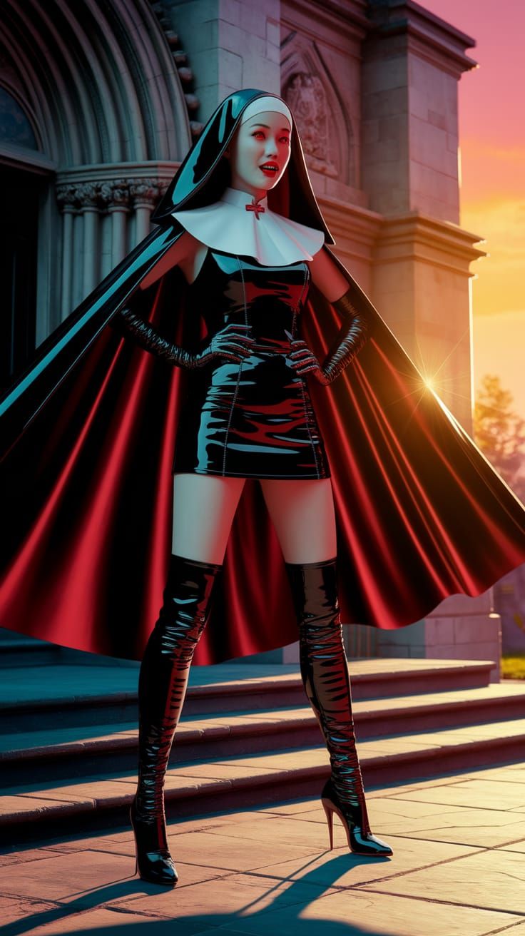 Gothic Asian Vampire Nun in Patent Leather Habit and Cape