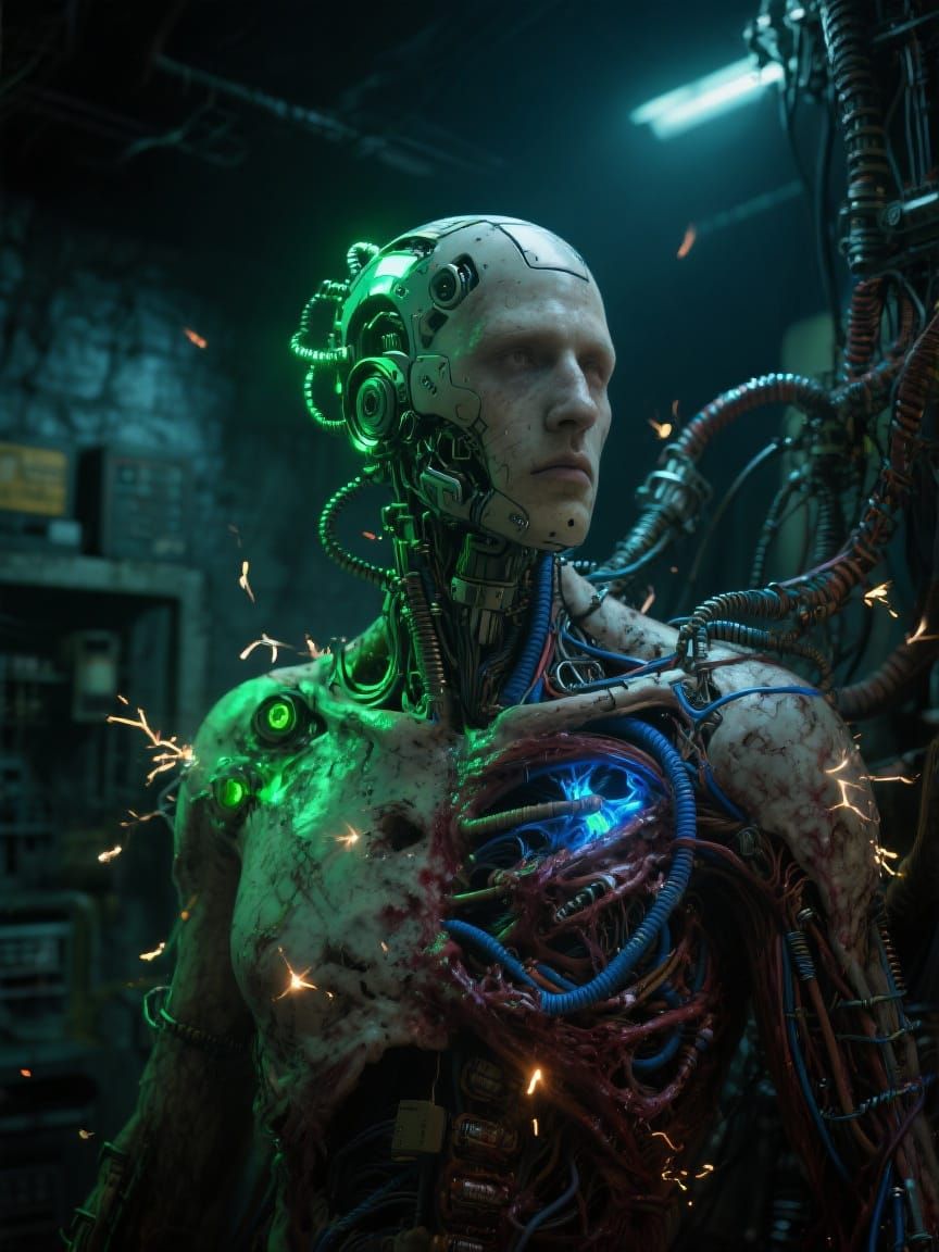 Robotic Head in Underground Lab, Biomechanical Horror Style