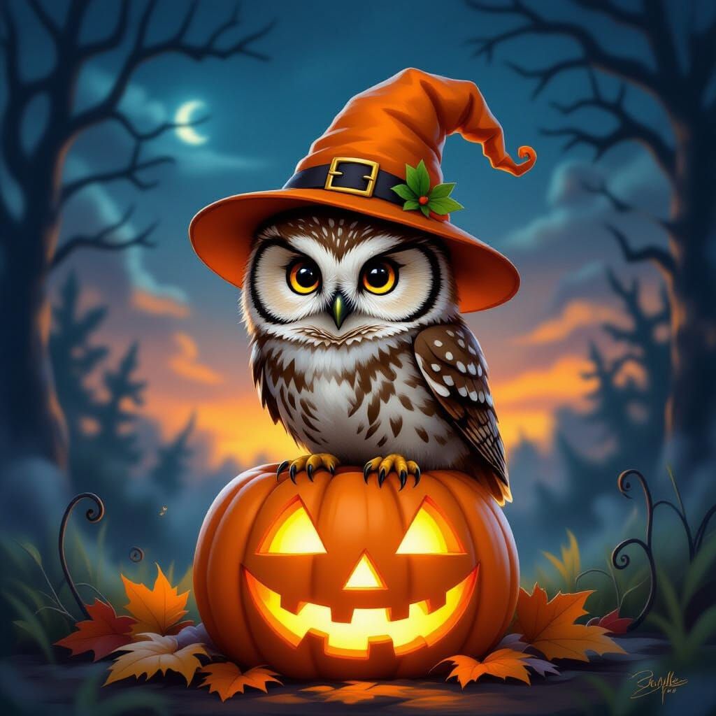 Adorable Owl in Pumpkin Hat on Glowing Jack-o'-Lantern