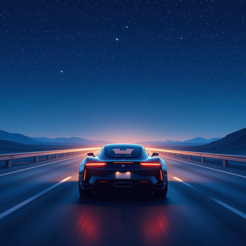 Night Highway Speeding Car in Futuristic Style