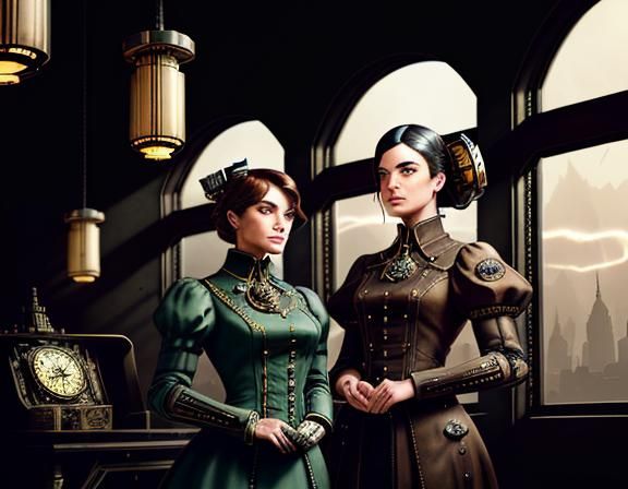 Steampunk Twins in Time Machine: Cinematic Digital Art