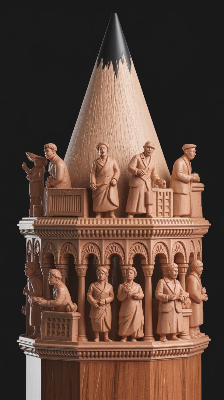 Intricately Carved Pencil Sculpture with Diverse Figures and...