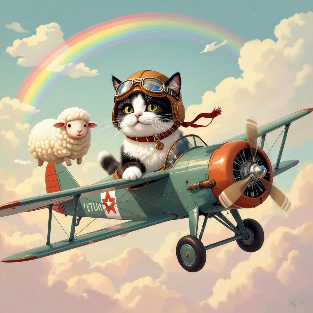 Tuxedo Cat Aviator Soaring Through Pastel Skies