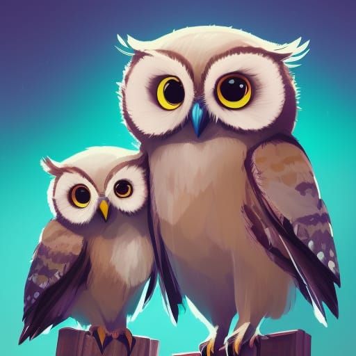 Chibi Owl Family Portrait in Digital Art Style
