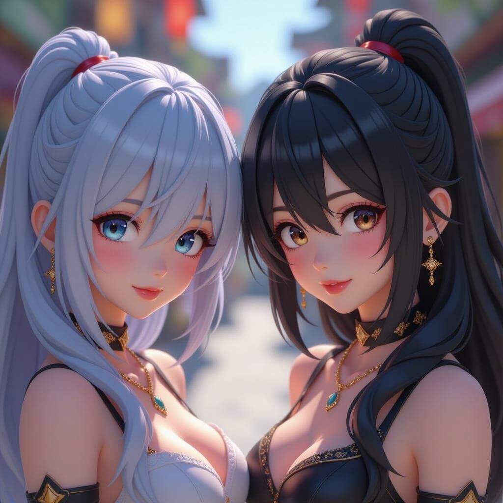 Anime Characters Staring Intently, Detailed 3D Art