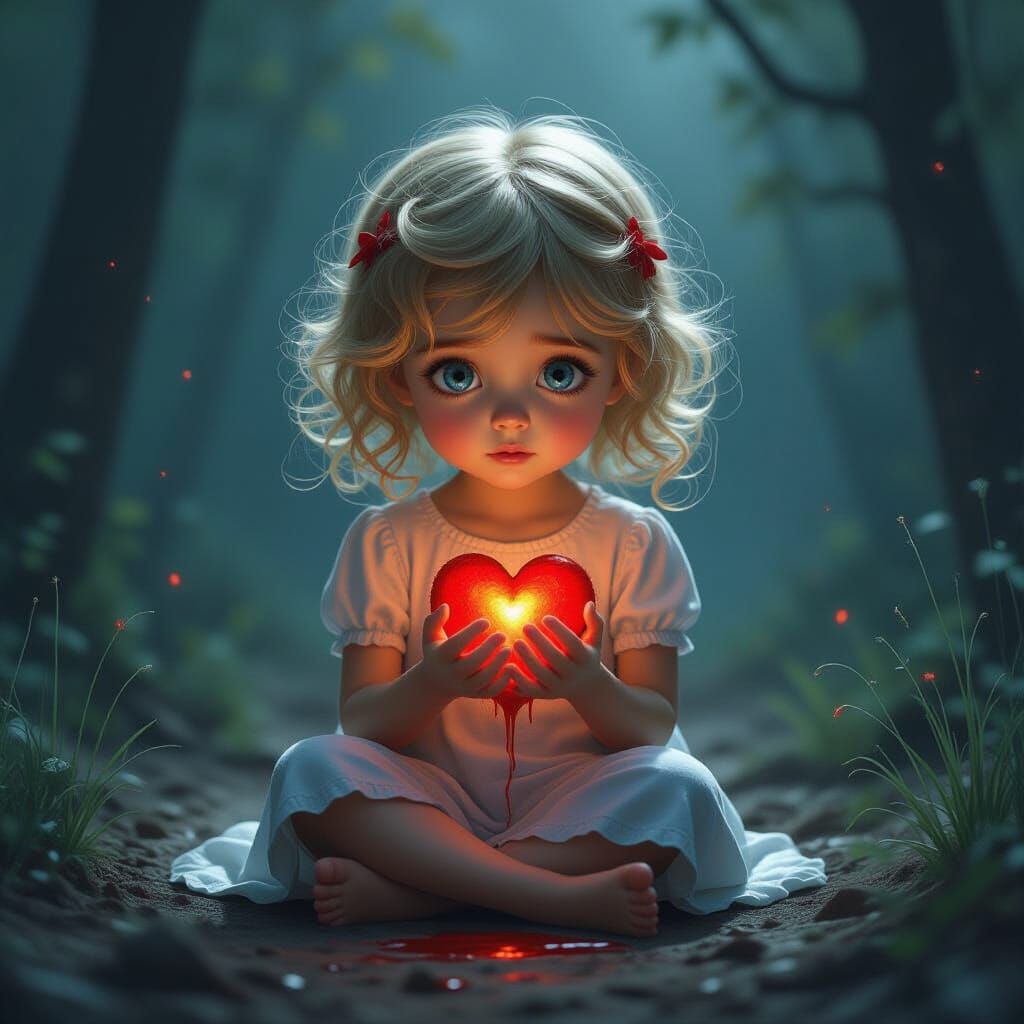 Sorrowful Girl with Bleeding Heart in Ethereal Lighting
