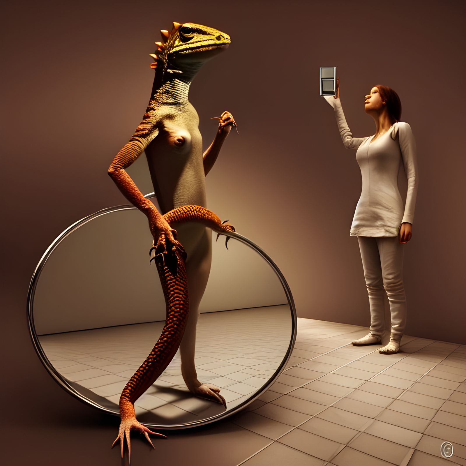 Surreal Infinite Reflection: Woman in Mirror Image