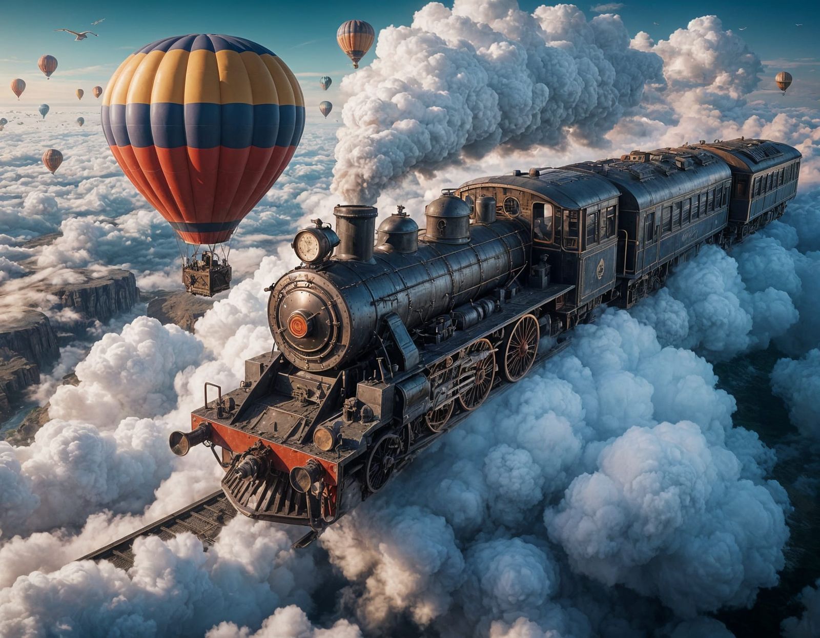 Locomotive Above Clouds in a Surreal Fantasy Landscape