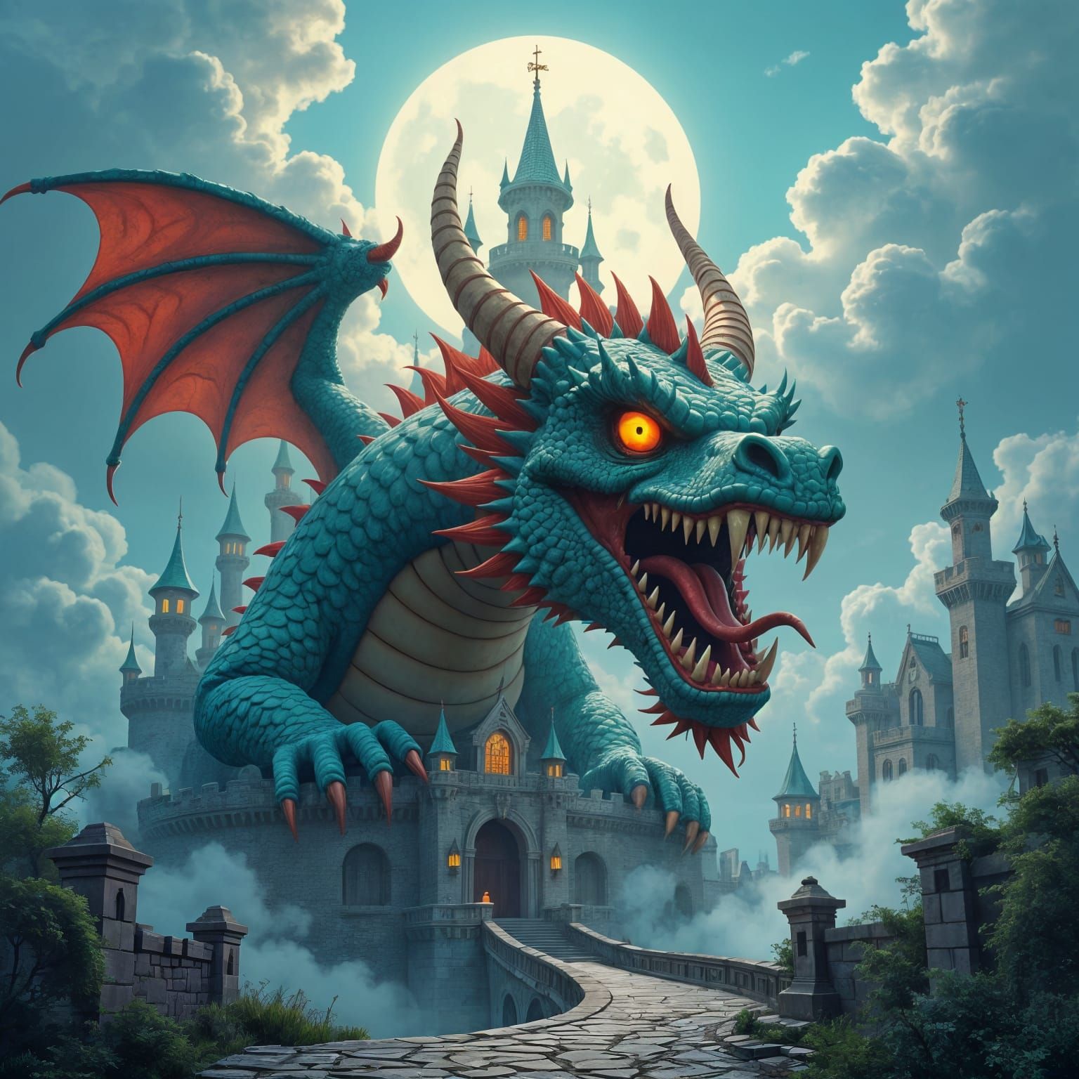 Psychedelic Dragon and Castle, Surreal Digital Art