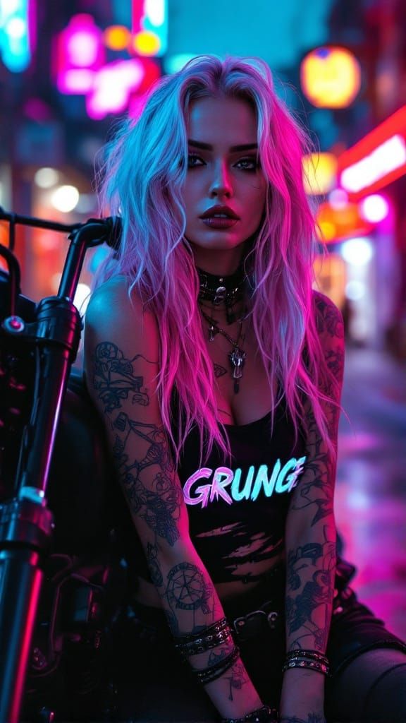 Grunge Biker Queen in Neon Cyberpunk Dreamscape