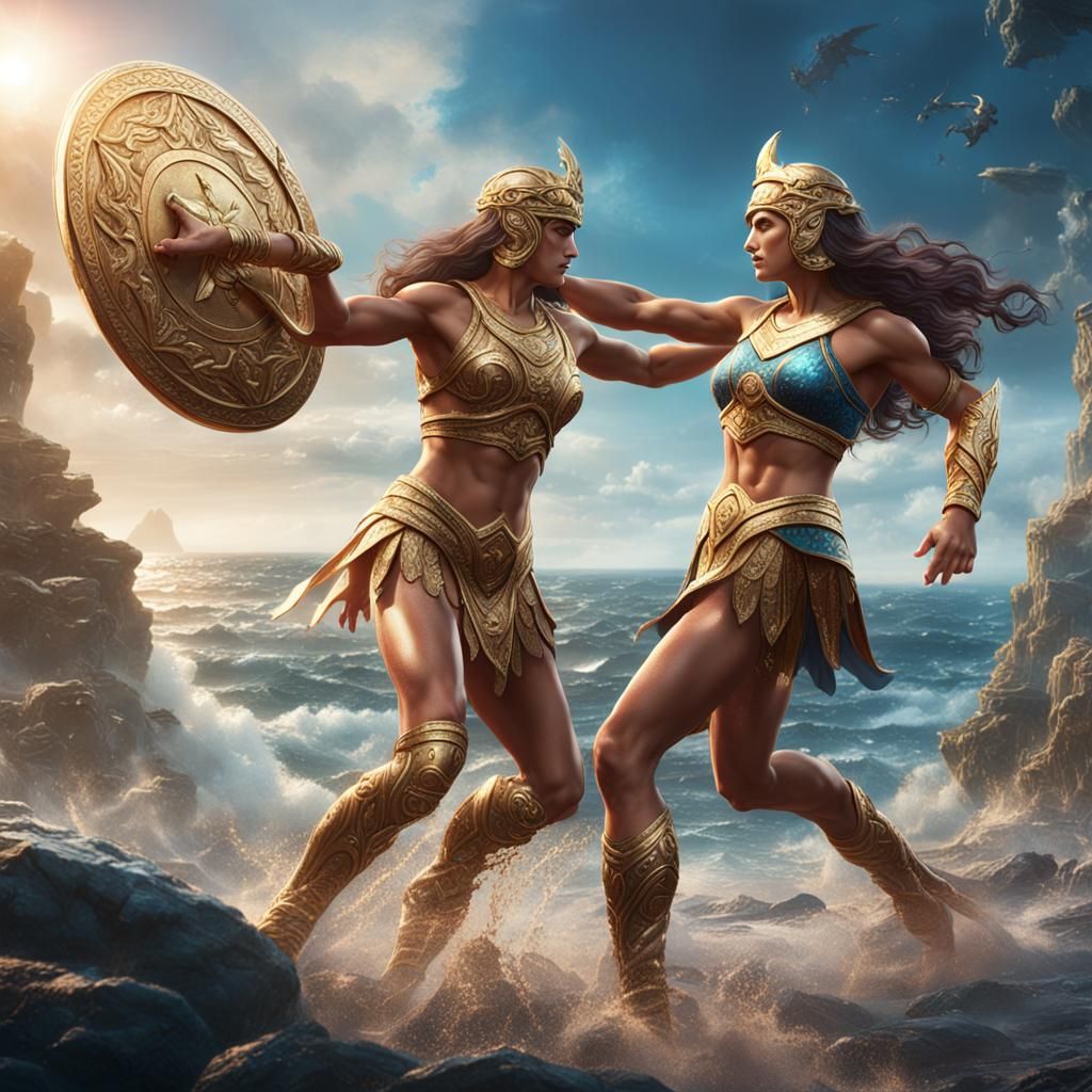 Goddesses Athena and Diana Wrestling: Detailed Fantasy Art