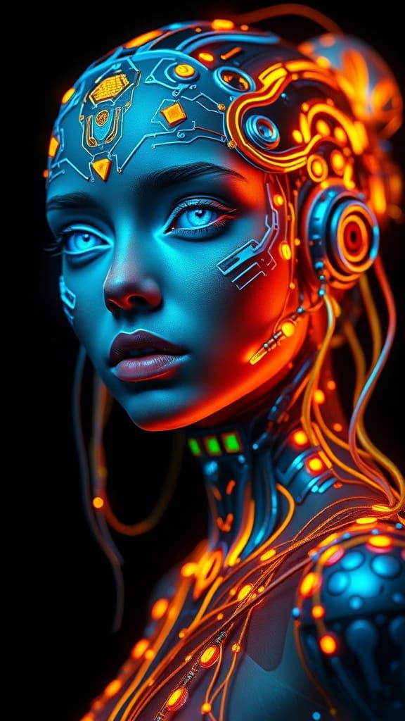 Ethereal Cybernetic Woman in Neon Lights