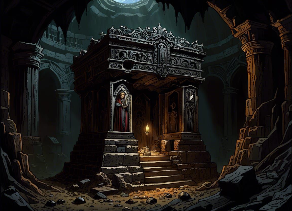 Imposing Sarcophagus in Ancient Dark Crypt