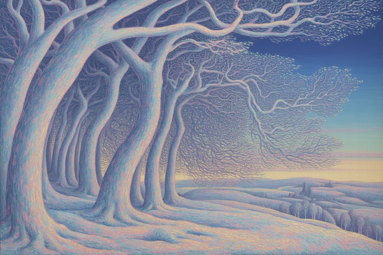 Wind Blowing through Trees on a Winters Day Moebius detailed painting renaissance painting romanesque oil on canvas 3D s...
