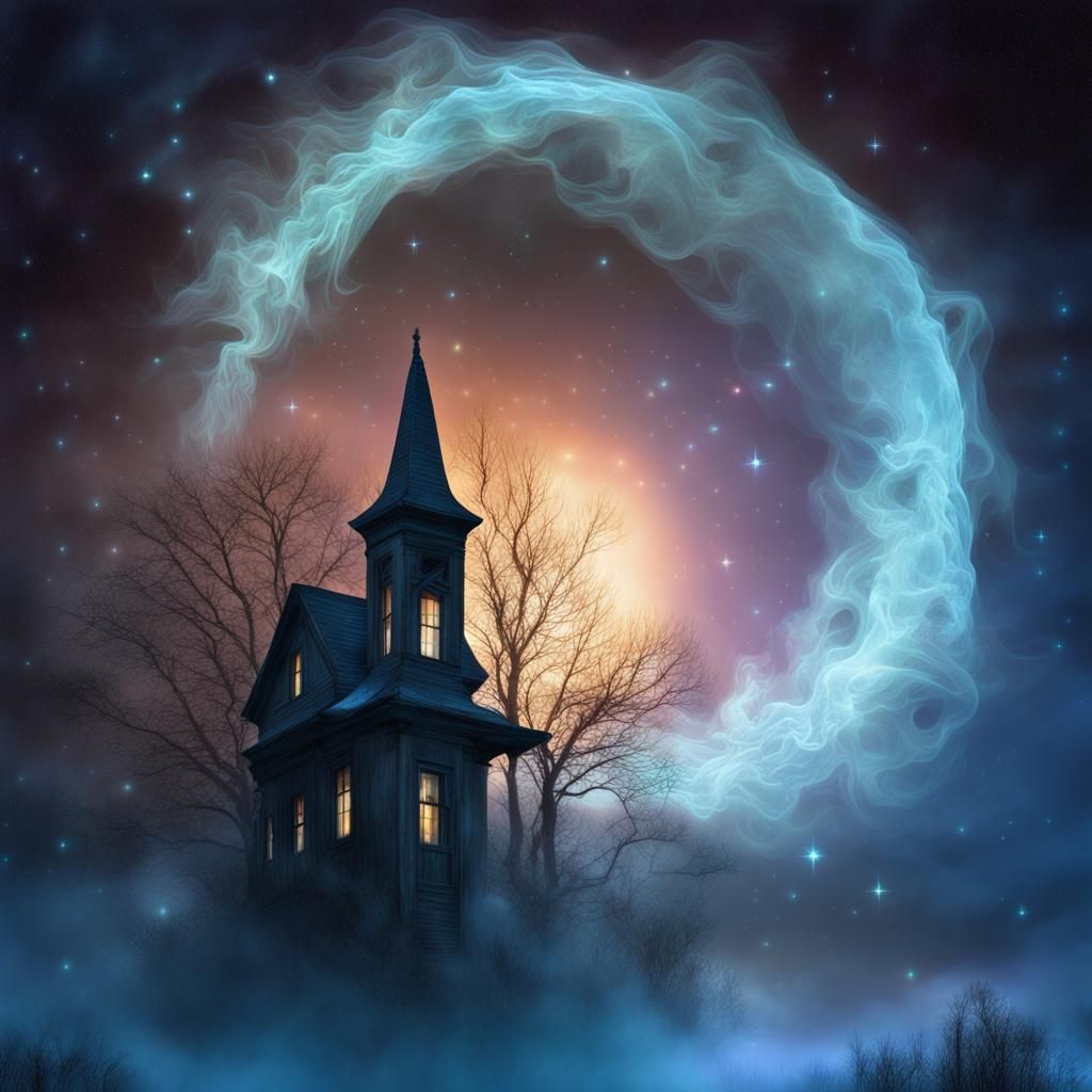 Ethereal Ghost Gazing at Bioluminescent Moon