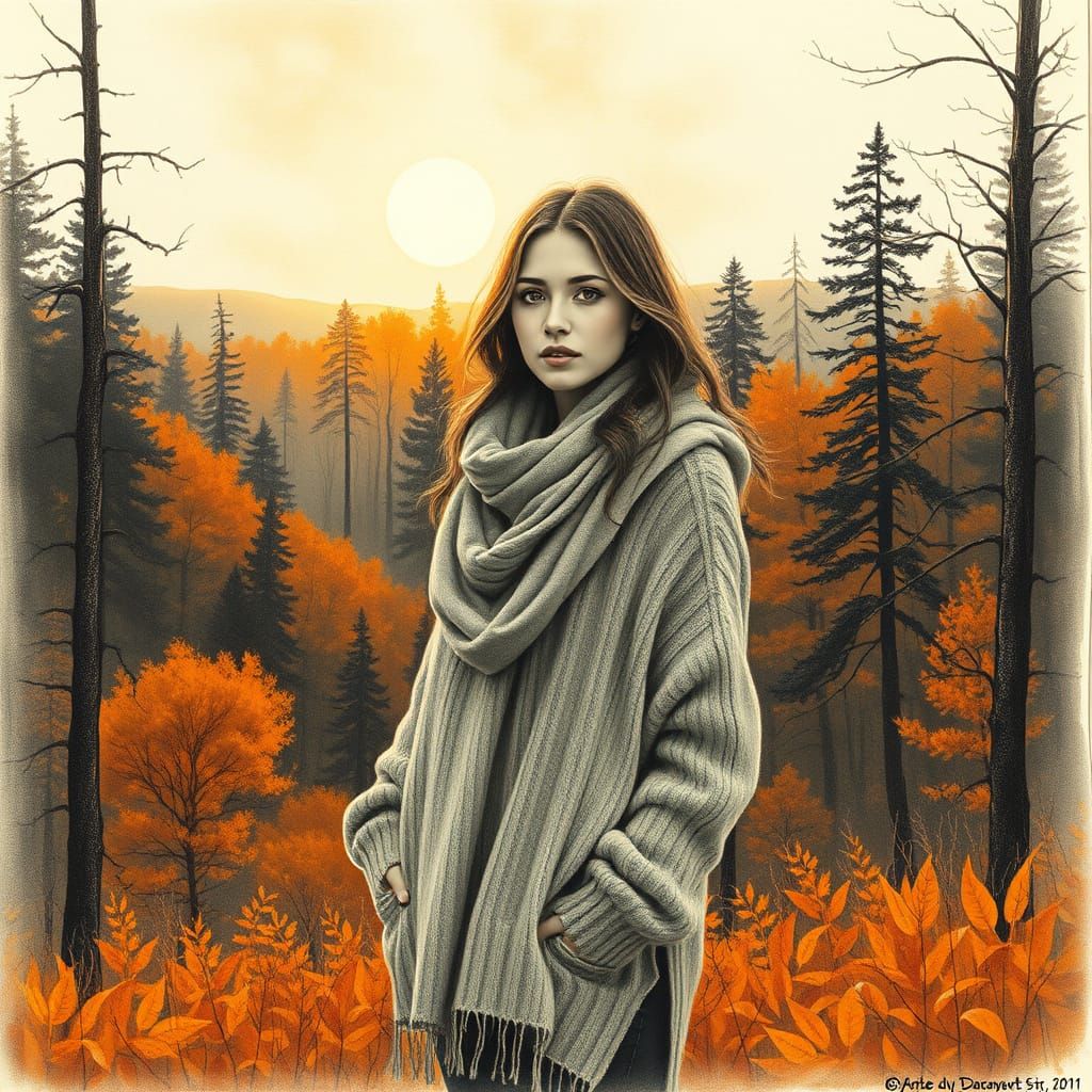 Autumn Woman in Forest, Charcoal Drawing Style