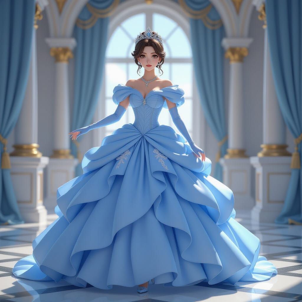 Anime Princess Attends Ball in Blue Gown
