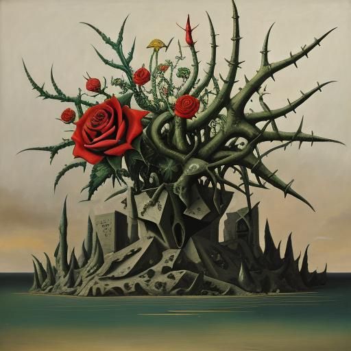 Surreal Rose and Thorns in Melting Brutalism Style