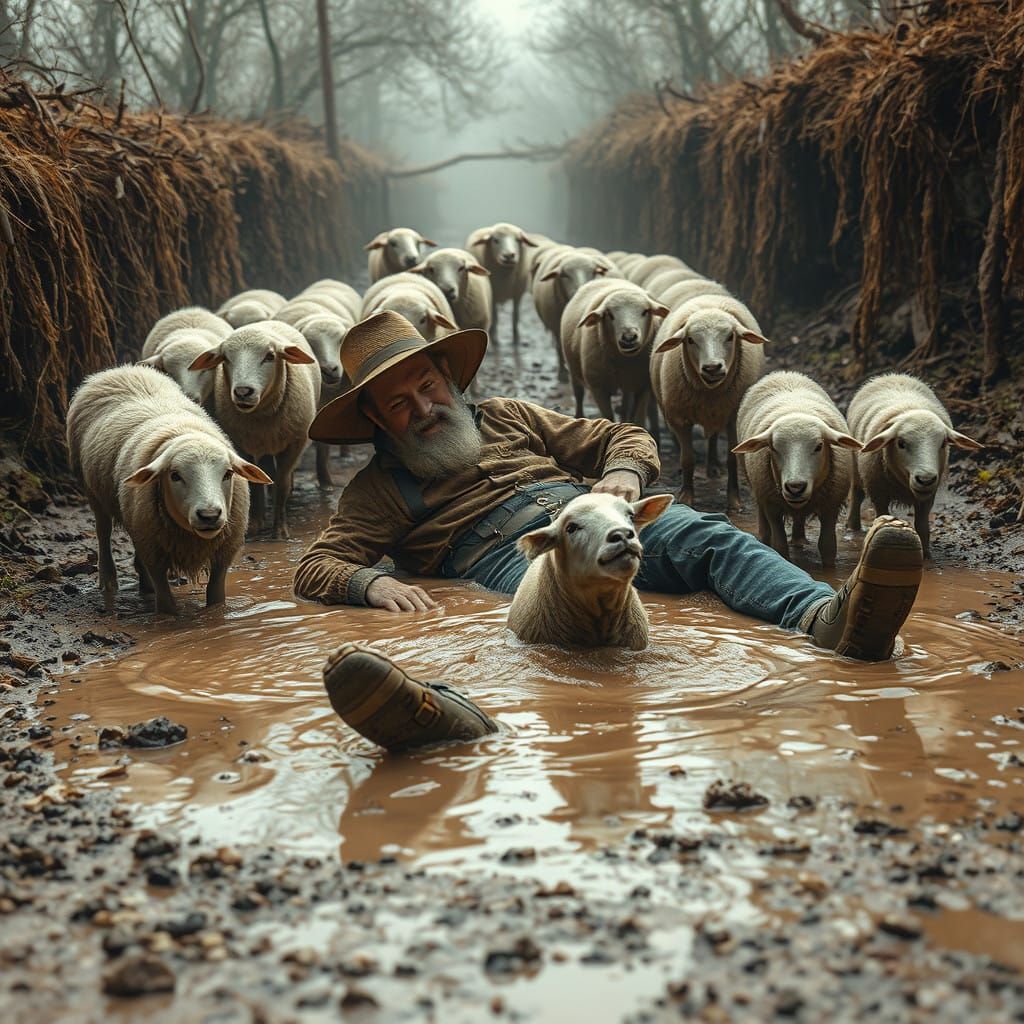 Farmer Falls into Puddle of Mud in Humorous Scene