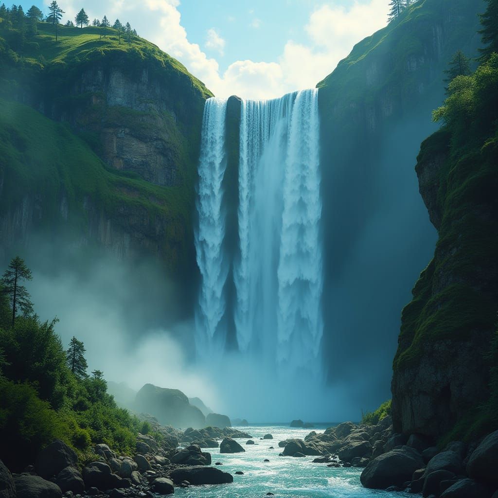 Majestic Double Waterfall in Panoramic View with Celestial W...