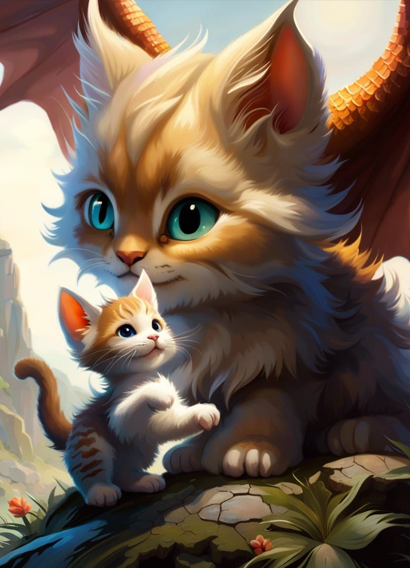 Kitten and Dragon Play: Watercolor Art in 4K