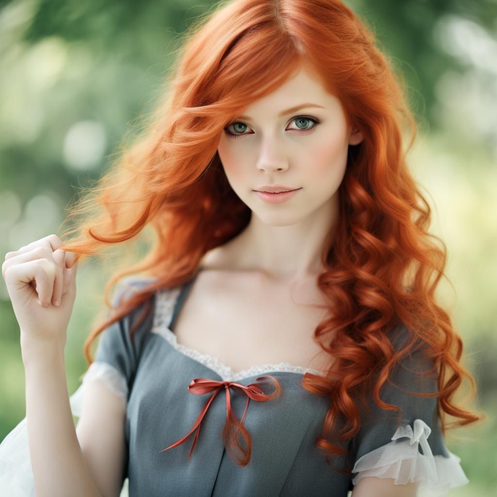 Beautiful Schoolgirl with Salmon-Red Hair and Dress