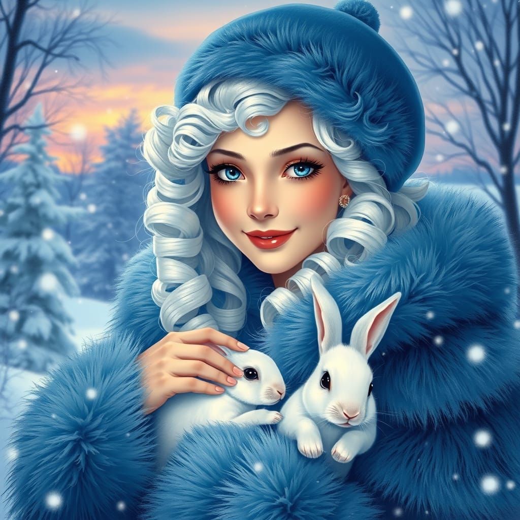 Beautiful Snow Maiden Petting Rabbit in Winter Wonderland
