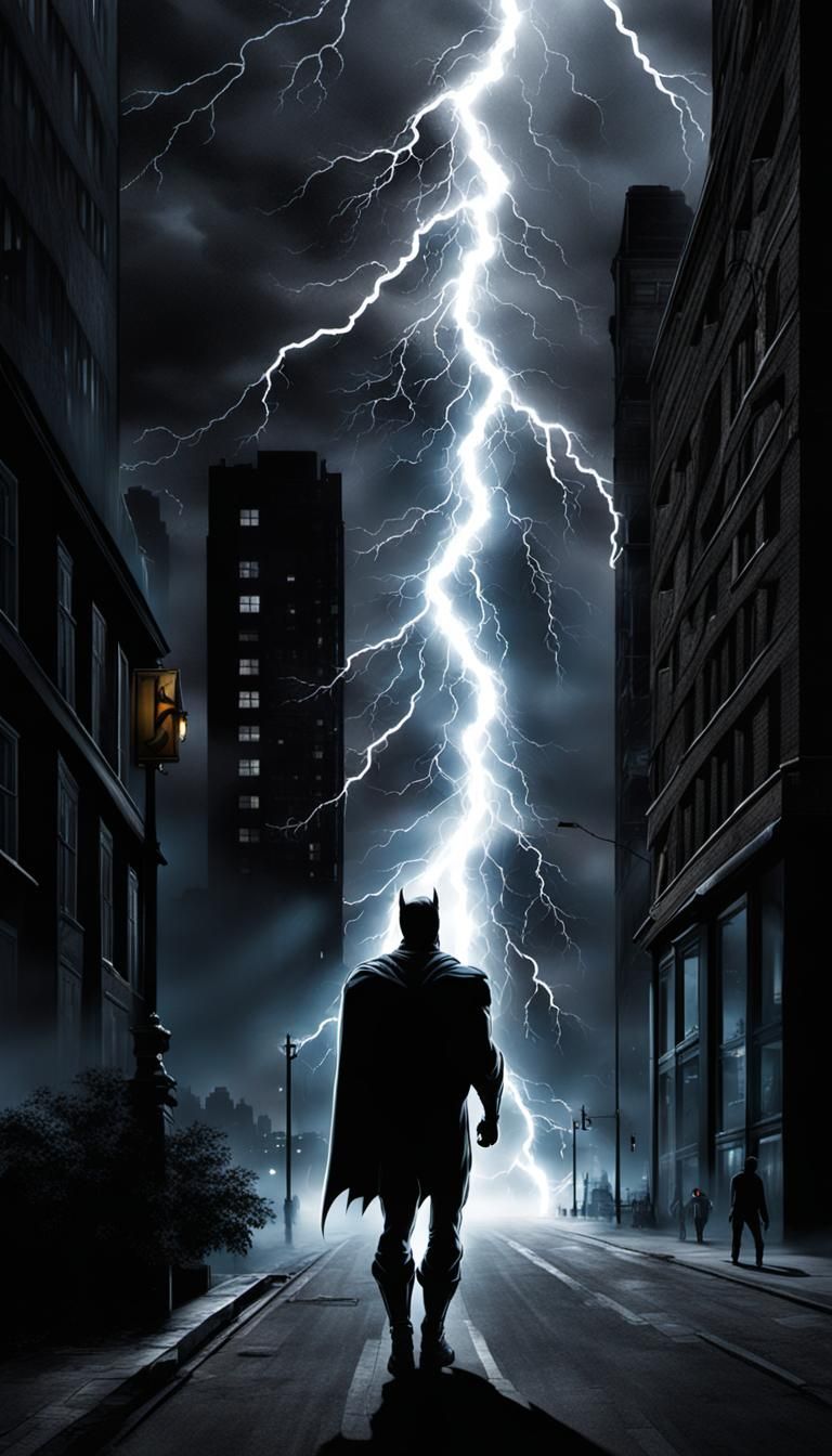 Superhero Hit by Lightning Bolt in City Street