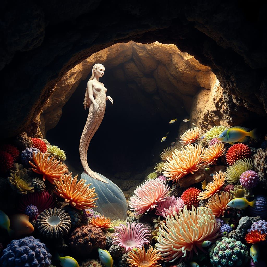 Mermaid with Long Tail Swimming Under the Sea, Grotto, Shell...