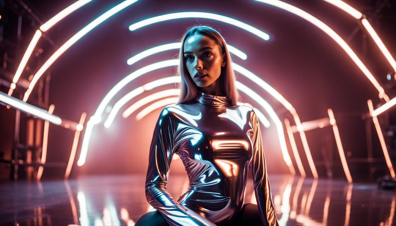 Futuristic Woman in Reflective Outfit at Club