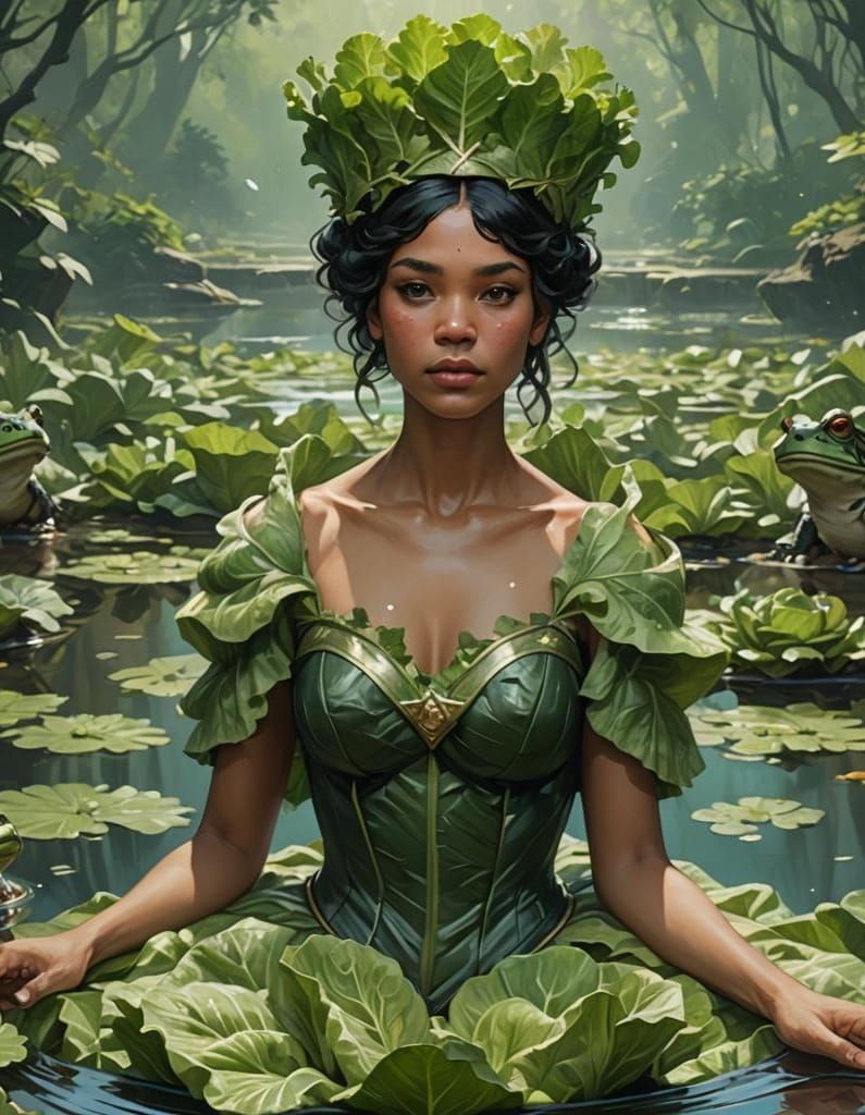 Goddess in Lettuce Crown in Frog Pond