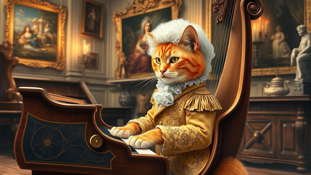 Baroque Cat Harpsichordist in Ornate Salon
