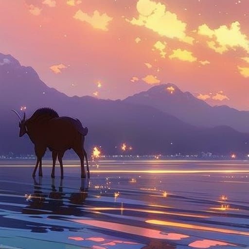 Goat on Water: A Studio Ghibli Anime Scene