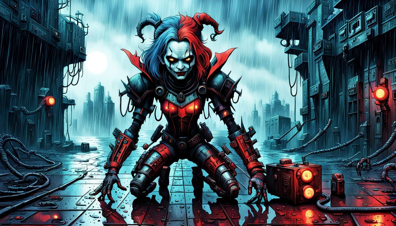 Cyborg Harley Quinn Confronts the Joker in a Dark Fantasy Ra...