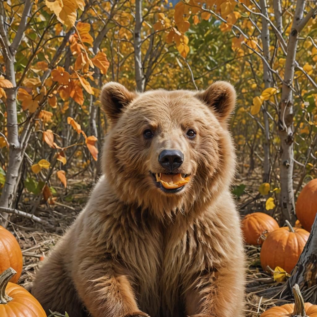 Cute Fur Baby Bear in Autumn Pumpkin Patch