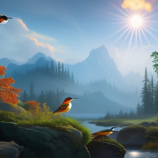 Birds in Nature: A Peaceful Digital Painting