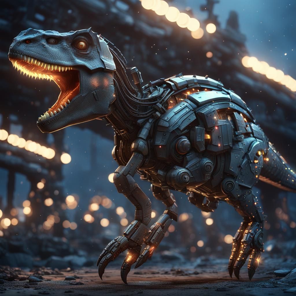 Cybernetic Baby Dinosaur with Starlit Tail in Sci-Fi Scene