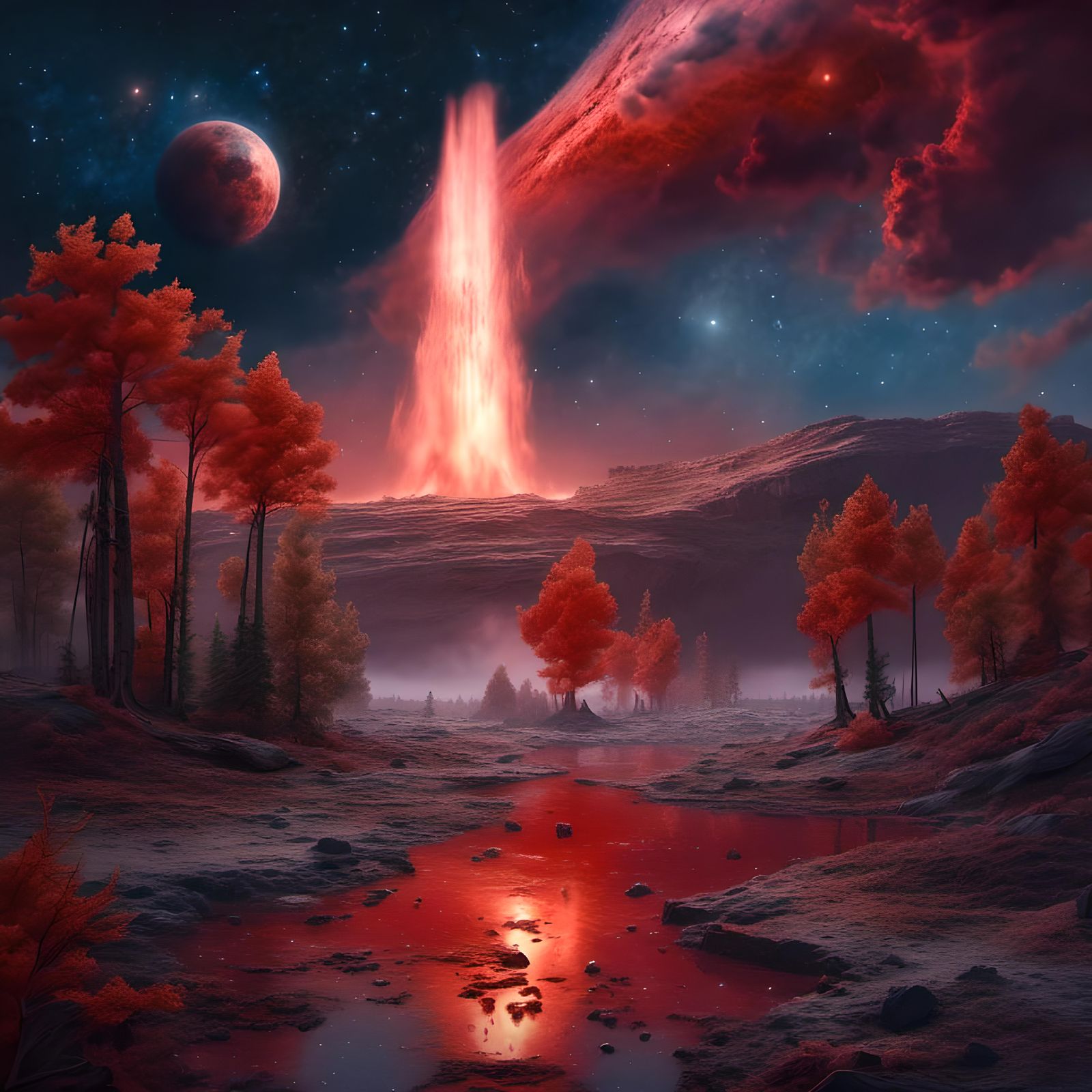 <lora:NC Hyperreal:1.0> Blood Moon & Old Faithful Geyser wit...