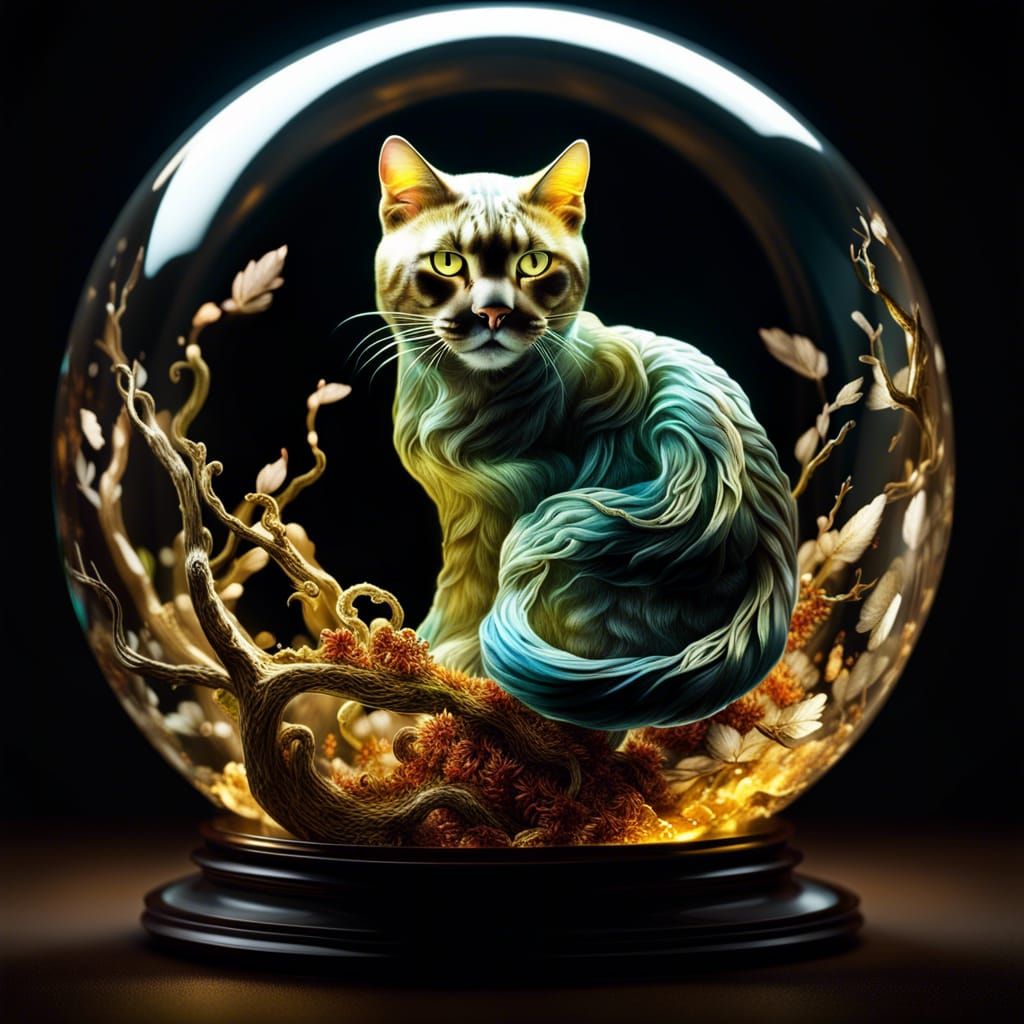 Serpentine Cat in Glass Sphere: Photorealistic CGI